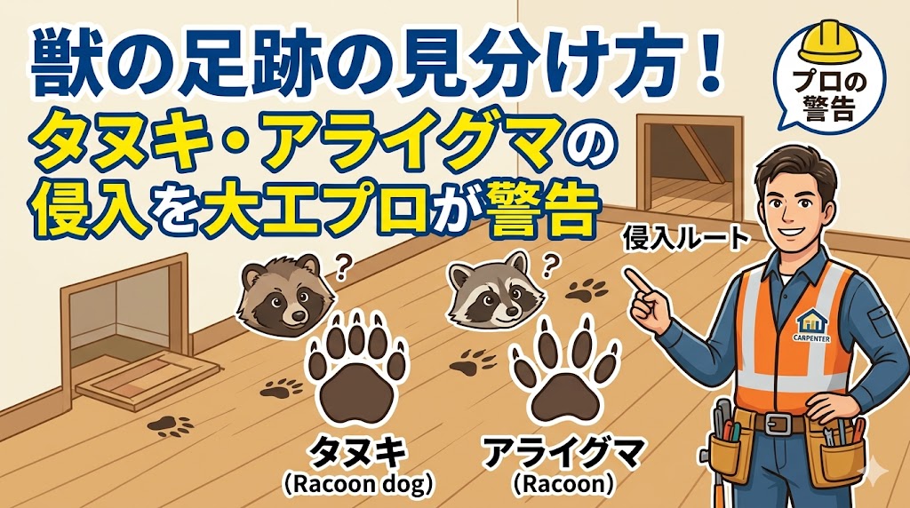 【修正用】獣の足跡の見分け方！タヌキ・アライグマの侵入を大工プロが警告