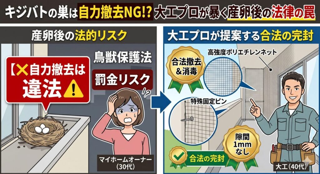 ベランダやエアコン室外機裏にキジバトが巣を作り始めてお困りの方へ！キジバトが巣を完成させて卵を産むまでの驚異の期間（最短1日）や、産卵された瞬間に自力撤去が法律違反（100万以下の罰金）となる罠、フンによるベランダ防水層破壊リスクを大工プロが暴露！