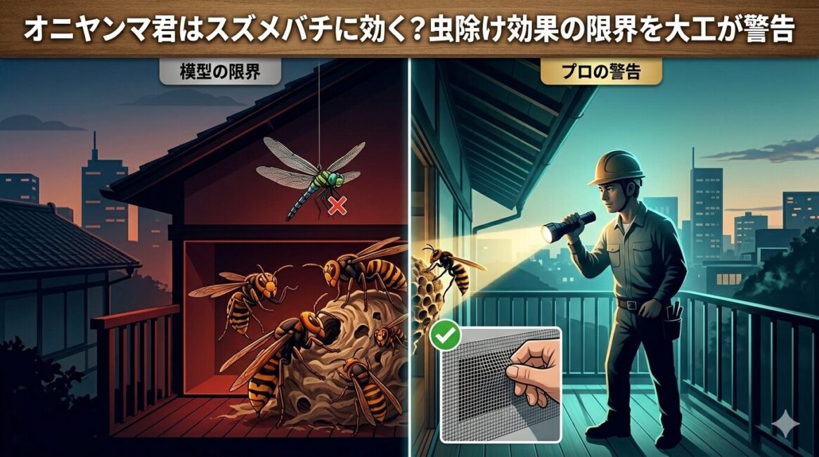 オニヤンマ君はスズメバチに効く？虫除け効果の限界を大工が警告