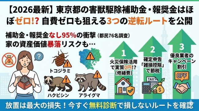 東京都の害獣駆除補助金・報奨金はほぼゼロ？トコジラミやハクビシン被害を実質0円で直す3つの逆転ルート