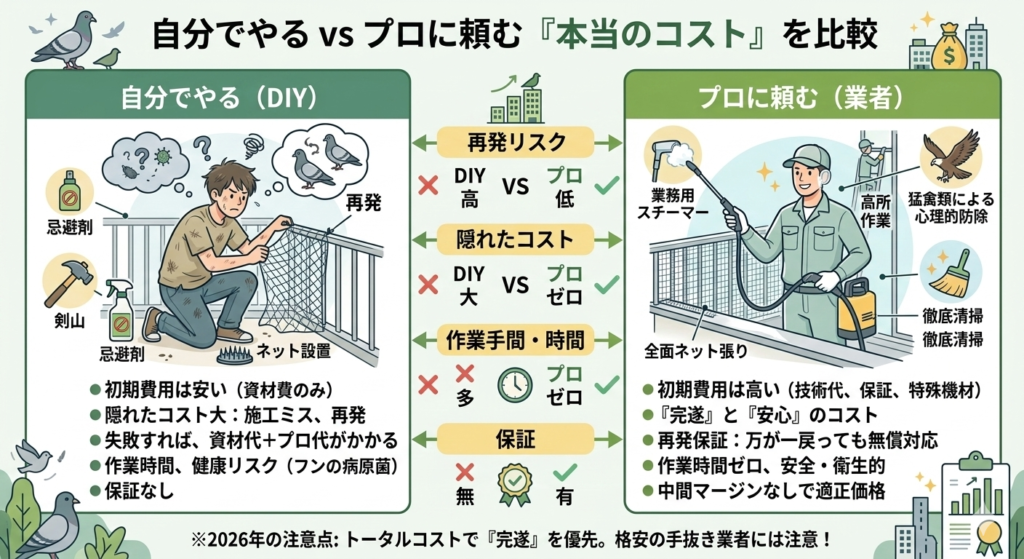 ハトの駆除自分でやる vs プロに頼む本当のコストを比較