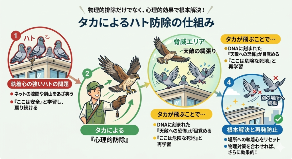 タカによるハト防除の仕組み。物理的な対策だけでなく天敵への恐怖を利用した心理的防除の解説