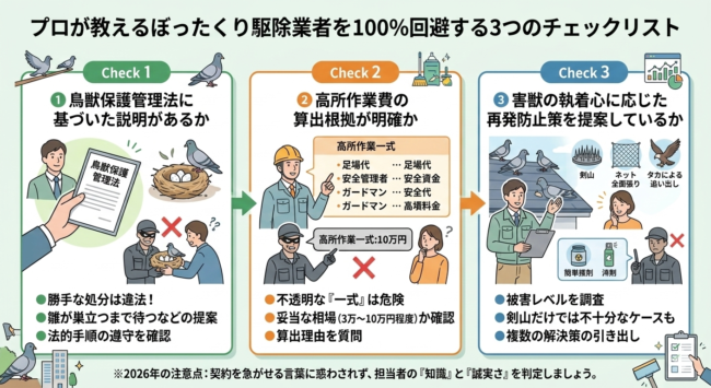 鳩のぼったくり駆除業者を100%回避する3つのチェックリスト