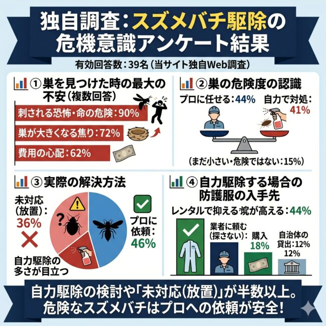 スズメバチ駆除の現状認識と危機意識に関する独自アンケート結果の図解インフォグラフィック。巣を見つけた時の不安は『刺される恐怖・命の危険』が90%で最多。危険度の認識では『プロに任せる(44%)』と『自力で対処(41%)』が拮抗。実際の解決方法は『プロに依頼』が46%の一方で『未対応』が36%、『自力駆除』が18%という実態。自力駆除時の防護服の入手方法は『レンタル(44%)』が最も有力という結果を、スマホ向けにグラフと文字量を抑えて視覚化したイラスト。