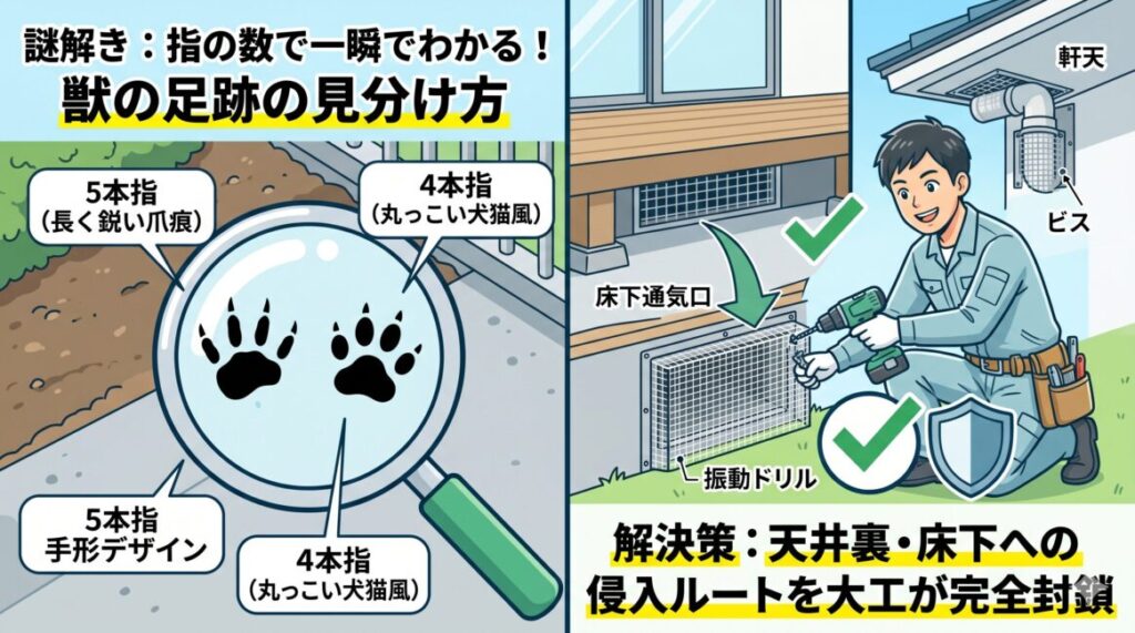 獣の足跡の見分け方！タヌキ・アライグマの侵入を大工プロが警告