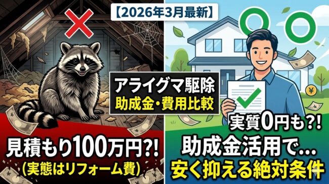 【2026年3月】アライグマ駆除の助成金と100万円見積もりの正体|建築プロが教える安く抑える絶対条件