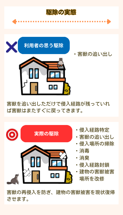 アライグマによる断熱材の破壊とハウスプロテクトによる修繕イメージ