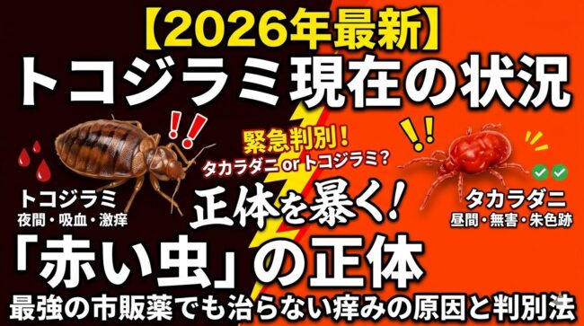 【2026年最新】トコジラミ現在の状況と「赤い虫」の正体|最強の市販薬でも治らない痒みの原因と判別法