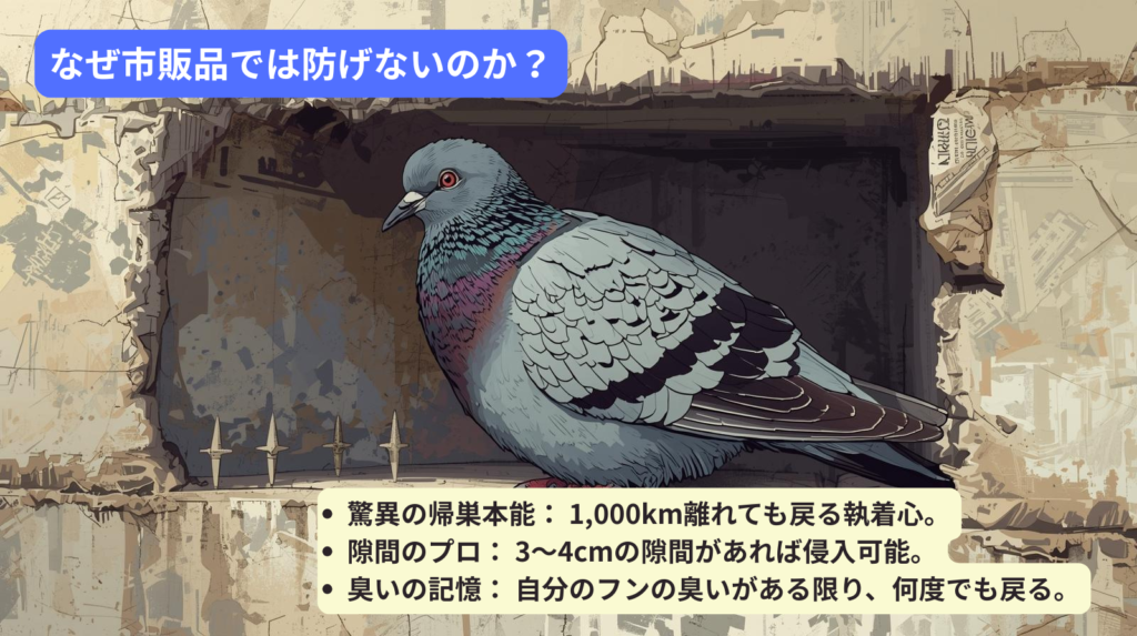 ハトは執着心が強く市販品では駆除できない