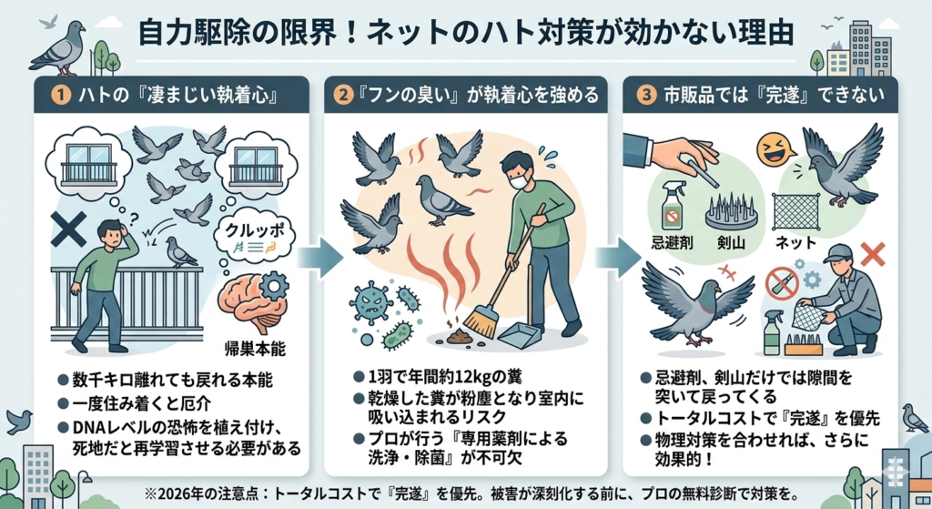 自力駆除の限界！ネットのハト対策が効かない理由