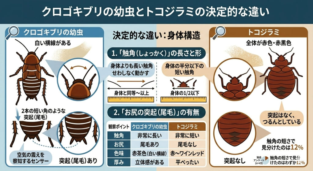 図解:クロゴキブリの幼虫とトコジラミの決定的な違いトコジラミ 幼虫 違い クロゴキブリ 幼虫 赤い