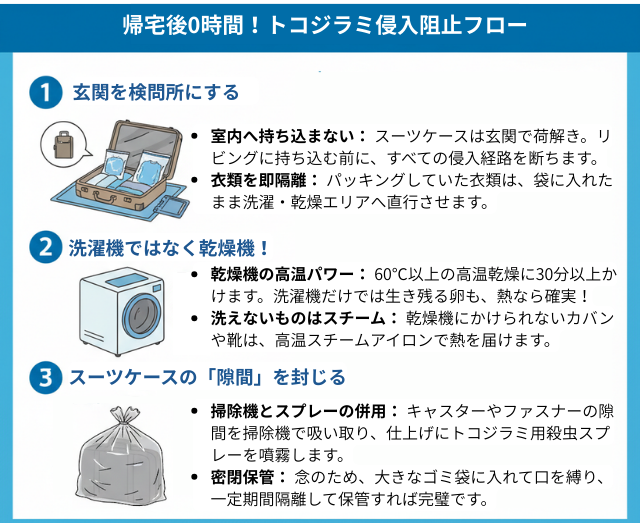 帰宅後家の中にトコジラミを持ち込まないための0時間で完遂する!鉄壁の侵入阻止フロー