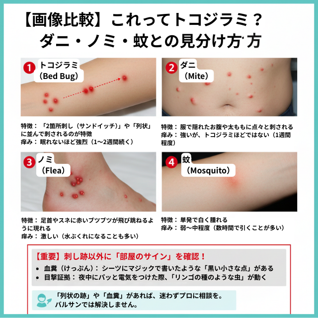 トコジラミ・ダニ・ノミ・蚊との虫刺され跡見分け方