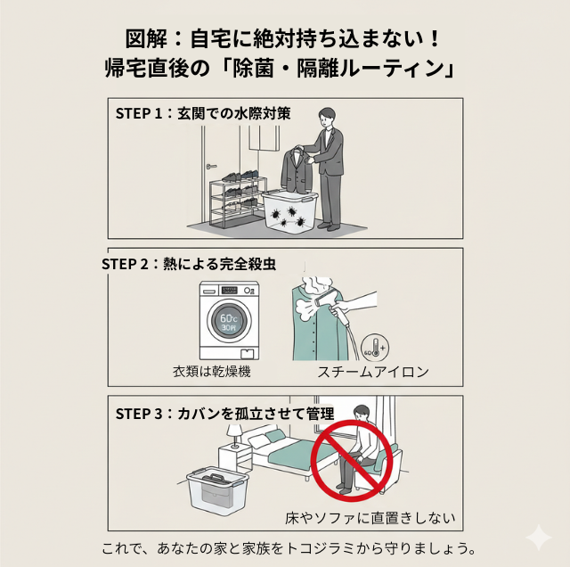 トコジラミを職場から自宅に持ち込まないためのルーティン