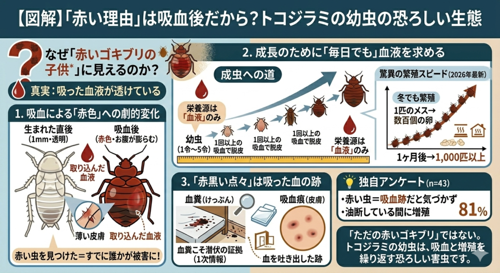 図解:ゴキブリに見える赤い虫:トコジラミの幼虫の恐ろしい生態