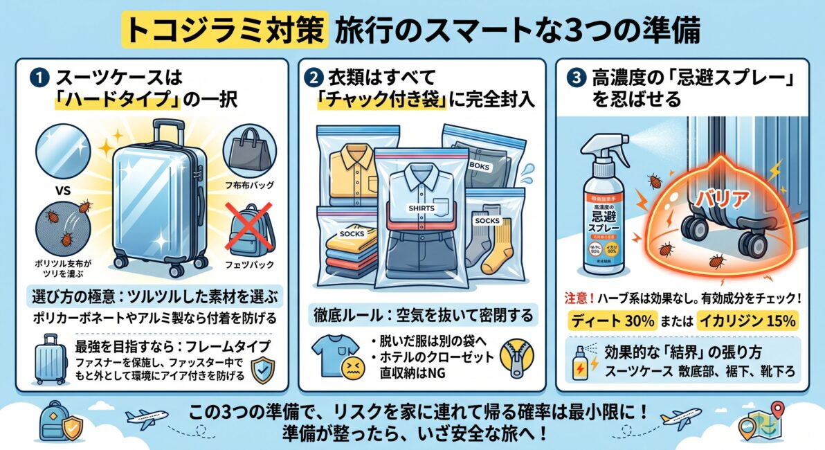 旅行前のトコジラミ対策に有効な3大パッキングアイテム（ハードスーツケース、チャック付き衣類圧縮袋、高濃度虫よけスプレー）のイラスト図解