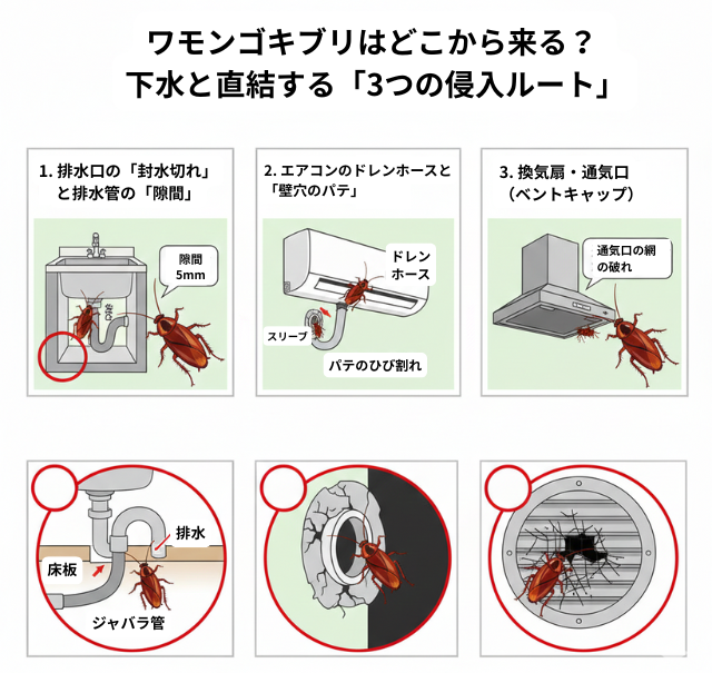 ワモンゴキブリ下水と直結する3つの侵入ルート