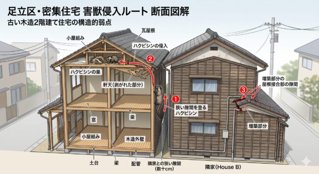 足立区の密集住宅に多い建築構造の弱点図解。隣家との隙間からハクビシンが登り、軒天や増築部の隙間から侵入するルートの解説。