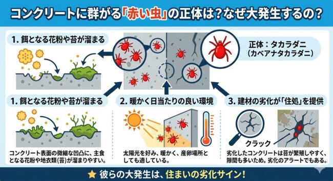 コンクリートに群がる「赤い虫」の正体は？なぜ大発生する