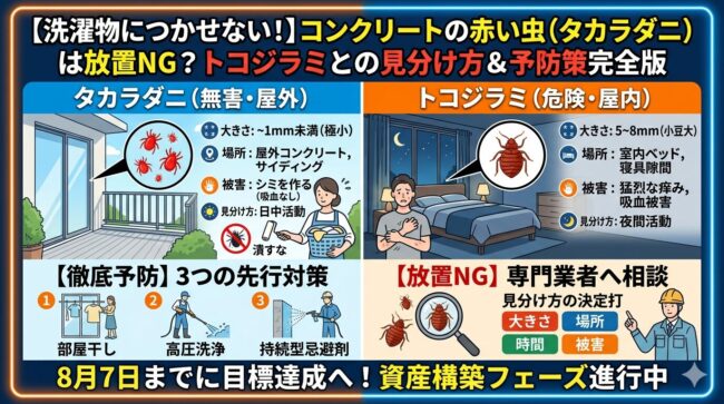 【洗濯物につかせない！】コンクリートの赤い虫（タカラダニ）は放置NG？トコジラミとの見分け方＆予防策完全版