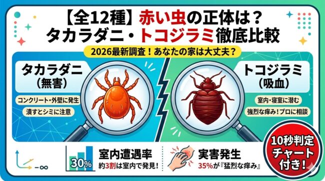 【全12種】赤い虫の正体は？タカラダニ・トコジラミからカベアナタカラダニまで徹底比較｜2026最新図鑑