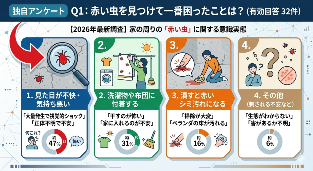 独自調査：赤い虫で一番困るのは見た目の不快さが47%