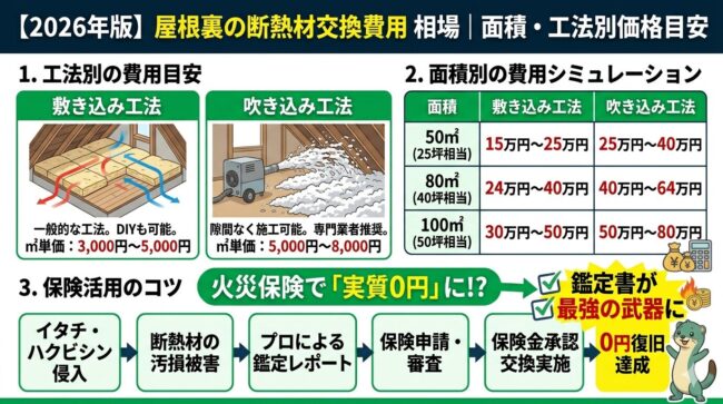 屋根裏の断熱材交換費用の相場｜面積・工法別の価格目安（2026年版）