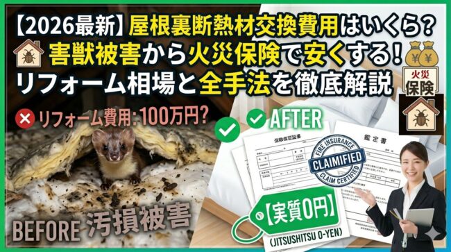 【2026最新】屋根裏の断熱材交換費用はいくら？害獣汚損のリフォーム相場と火災保険で安くする全手法