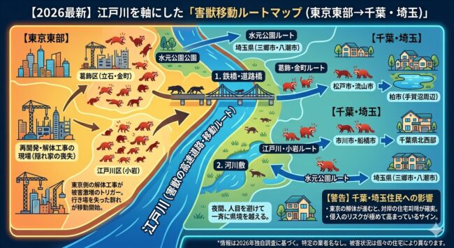江戸川を渡るアライグマ千葉・埼玉への流出ルート