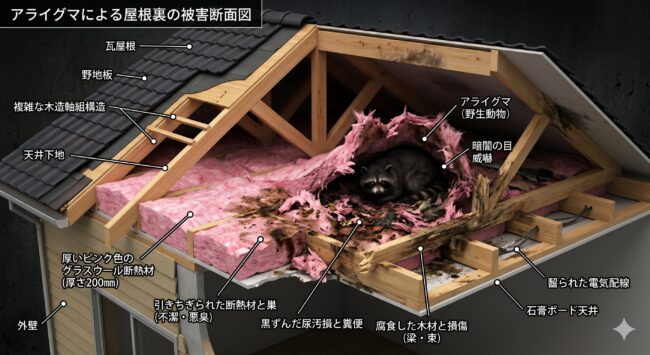 松戸市の新築住宅で多発するアライグマによる断熱材汚損。火災保険で実質0円修繕するための建築的証拠写真の撮り方