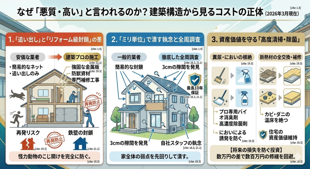 害獣駆除が高いと言われる理由 追い出し 侵入口封鎖 掃除 消臭 消毒 補修