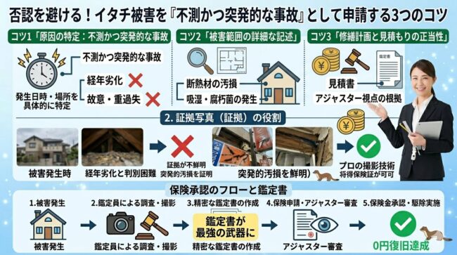 否認を避ける!イタチ被害を「不測かつ突発的な事故」として申請する3つのコツ