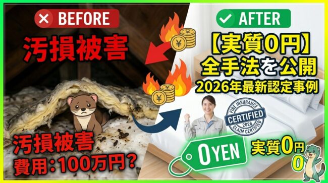 【証拠公開】イタチ駆除と断熱材交換を火災保険で「実質0円」にする全手法｜2026年最新の汚損認定事例
