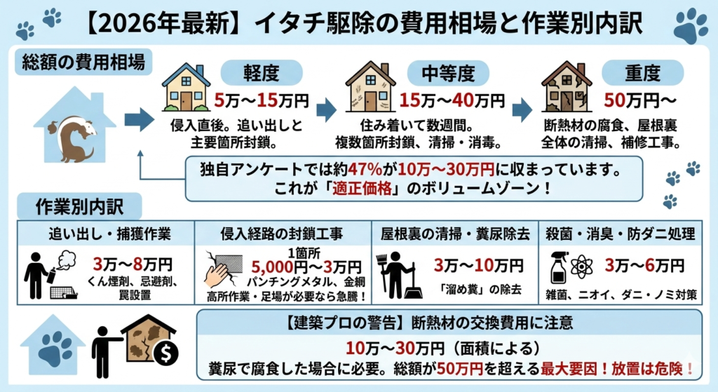 イタチ駆除　駆除費用　費用相場　費用内訳　軽度　中等度　重度　追い出し　捕獲　侵入経路封鎖　清掃　糞尿除去　殺菌　消臭　断熱材