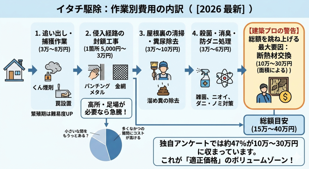 イタチ駆除　作業内訳　追い出し　捕獲　侵入経路封鎖　清掃　糞尿除去　殺菌　消臭　防ダニ処理　断熱材交換