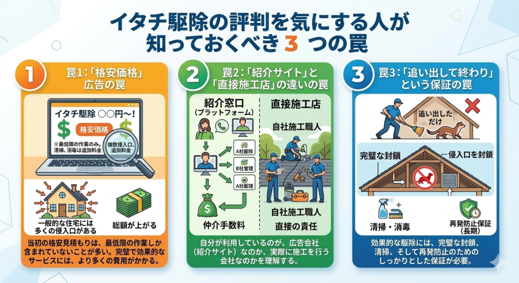 イタチ駆除業者選びの罠　格安価格　紹介サイト　直接施工　追い出して終わりの駆除
