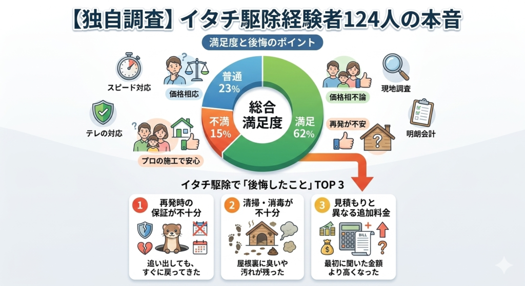 イタチ駆除経験者の満足度と後悔したこと