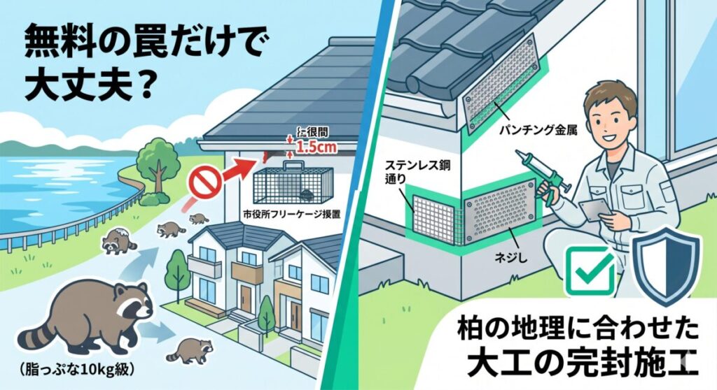 柏市の害獣駆除補助金は0円！アライグマ無料罠の罠と大工の完封術