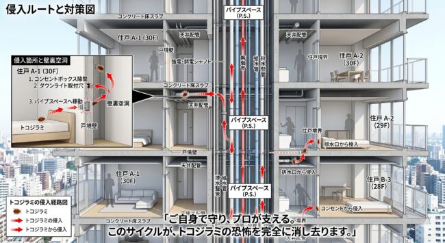 港区にある現代的な日本のタワーマンションの垂直断面図