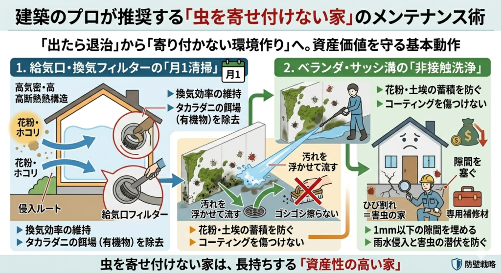 建築プロ推奨の新築防虫メンテナンス術｜給気口清掃・非接触洗浄・クラック補修