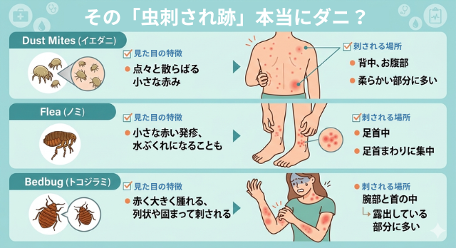 トコジラミ ダニ ノミ 刺され跡 見分け方 画像比較