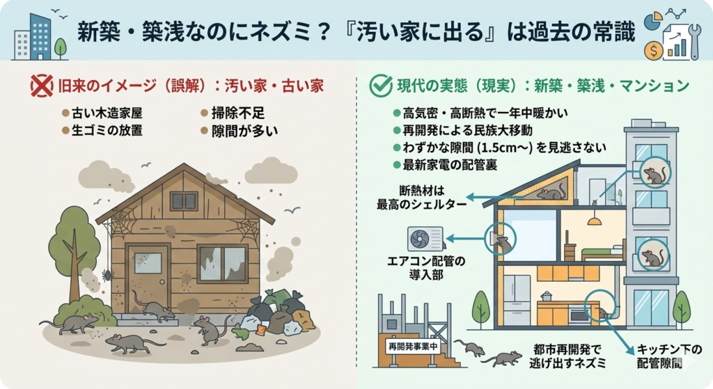 新築・築浅マンションにネズミが出る理由の図解。旧来の「汚い家」という誤解と、現代の「高断熱・再開発・配管隙間」という実態の比較イメージ