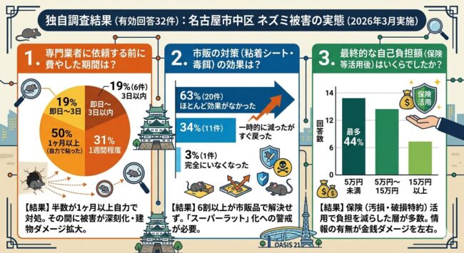 独自調査結果（有効回答32件）：名古屋市中区のネズミ被害実態