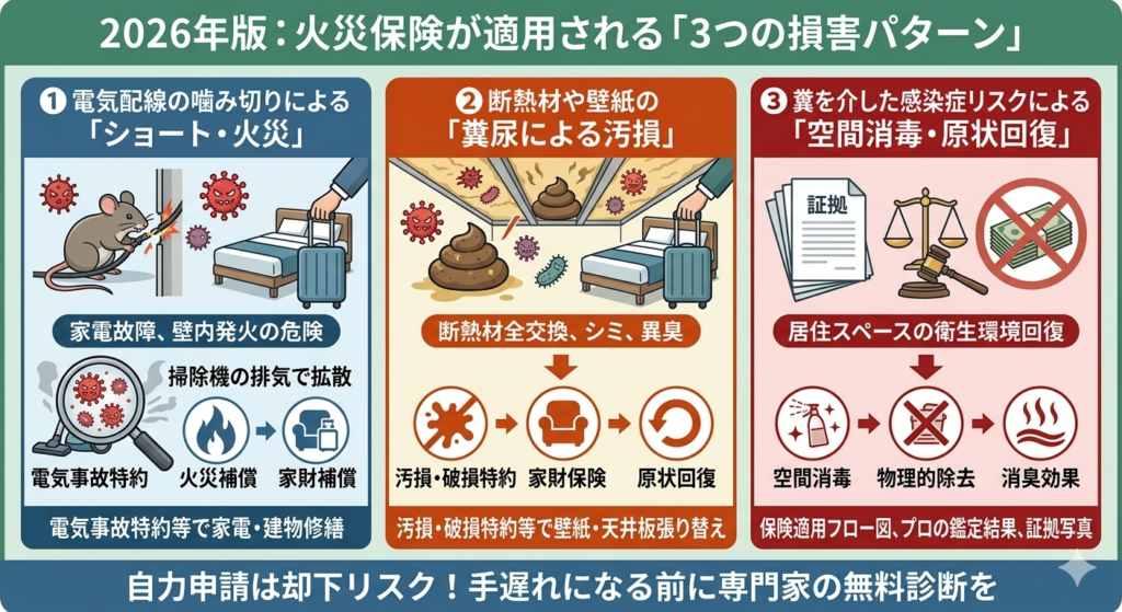 ネズミ被害に火災保険が適用される3つの損害パターン
