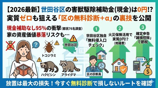 世田谷区の害獣駆除補助金は0円？ハクビシン・アライグマを実質安く直す「区の無料診断＋α」の裏技