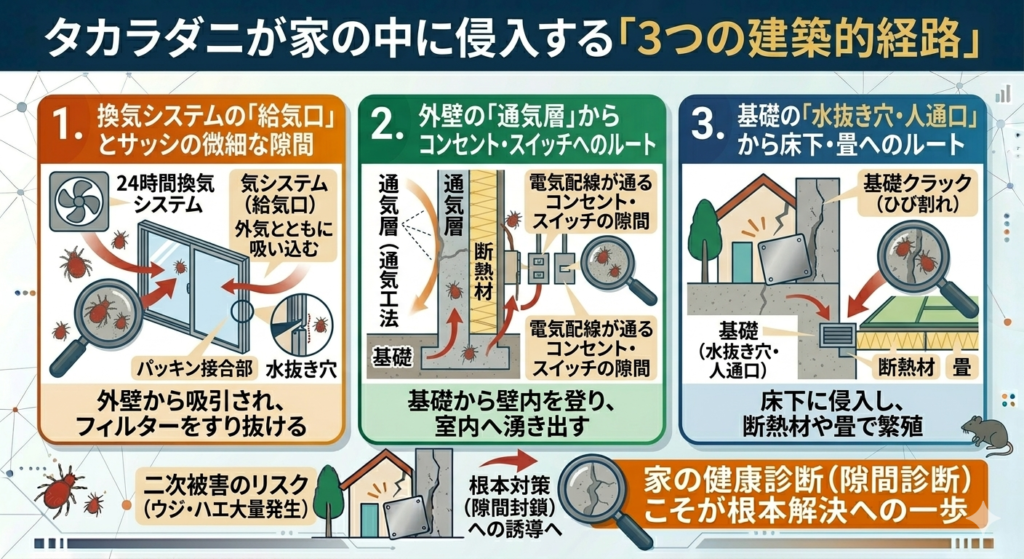タカラダニが家の中に侵入する3つの建築的経路