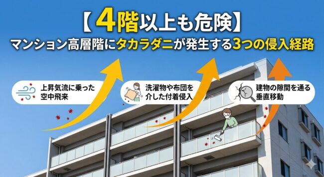 【4階以上も危険】マンション高層階にタカラダニが発生する3つの侵入経路