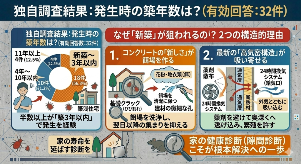 独自調査：タカラダニが新築に発生する割合調査（築3年以内が56%と最多）
