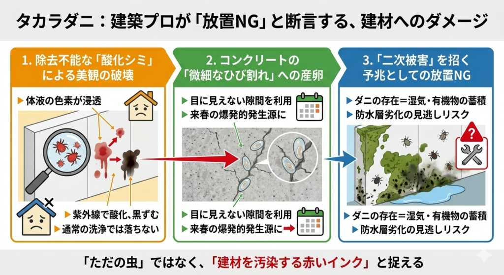 タカラダニは放置すると建材へのダメージがある