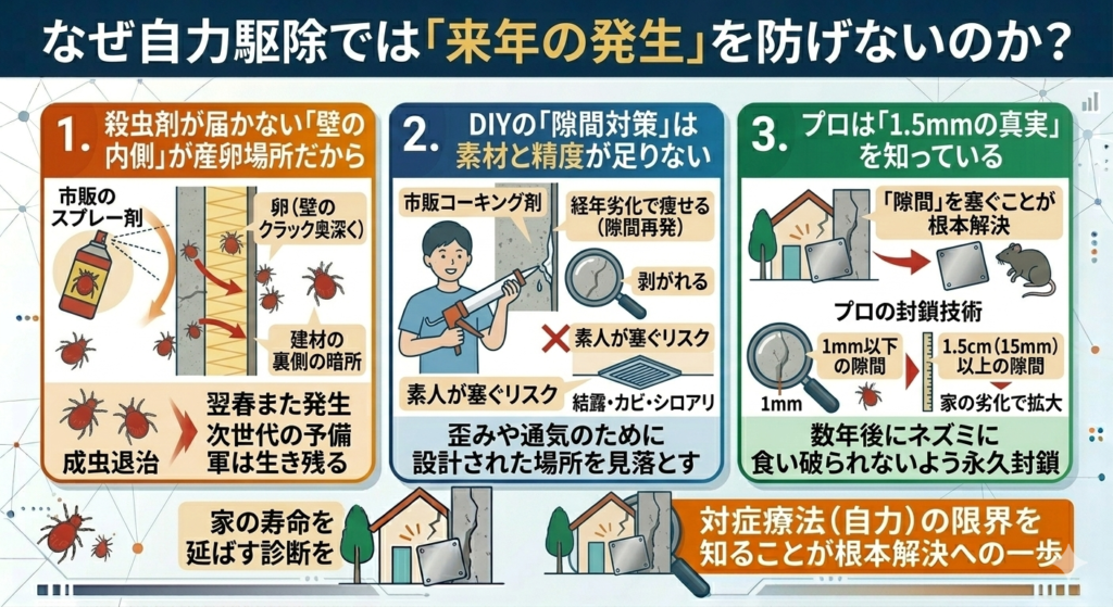 なぜ自力駆除ではタカラダニの来年の発生を防げないのか